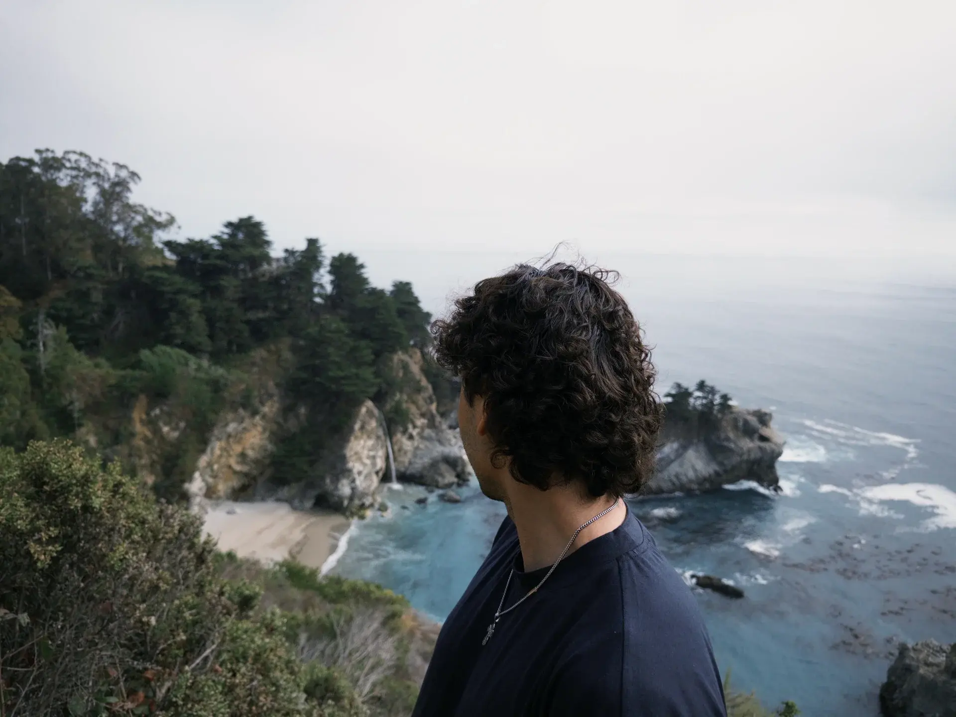 Taking in a waterfall and ocean view